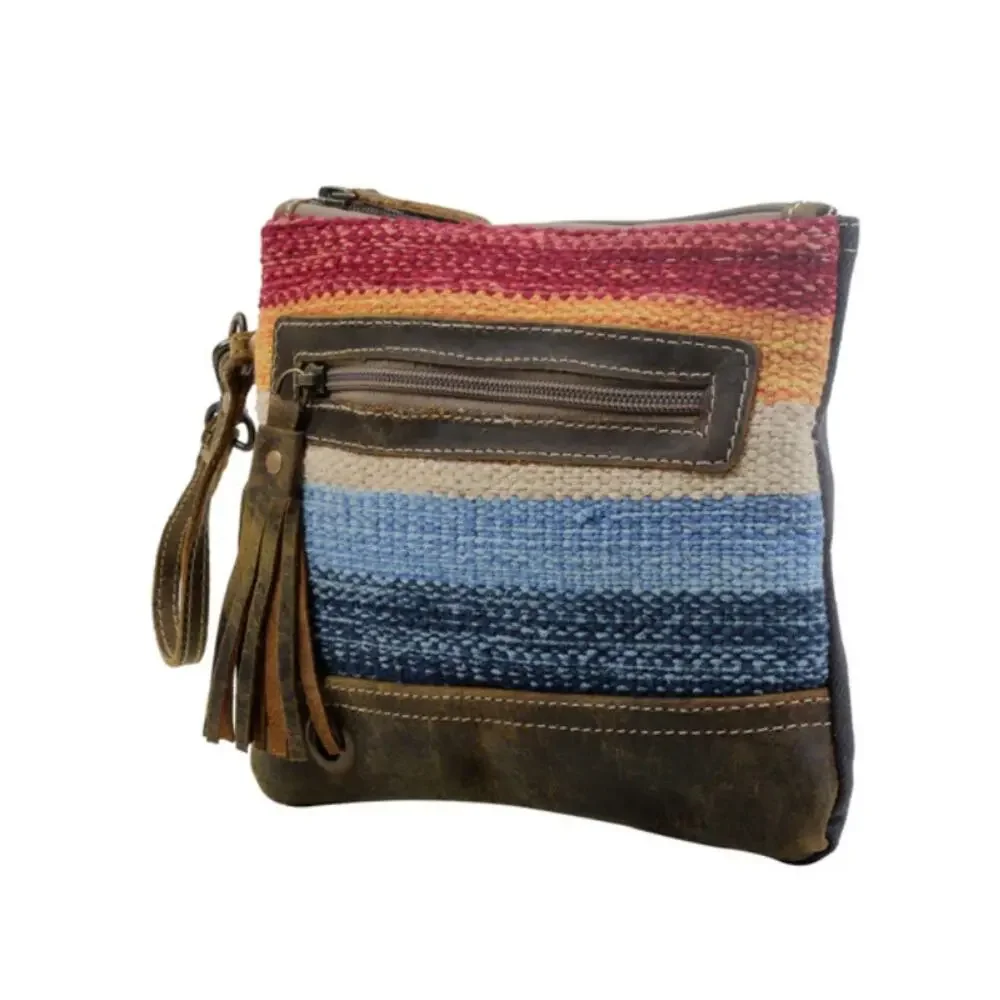 NWT Boutique Western Multi Striped Woven and Leather Tassel Pouch
